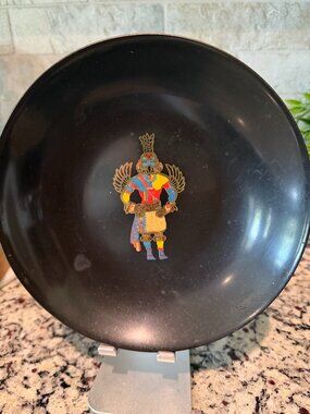 Vintage Couroc of Monterey black serving bowl with Kachina inlay